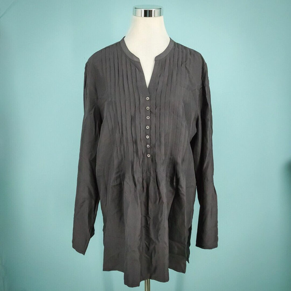 Garnet Hill Size 16 Dark Gray Pinktuck Pleat Button Long Sleeve Silk Tunic Top - Picture 1 of 7